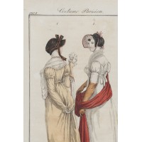 Moda ok 1805,  w stylu Empire, wg Horace Vernet'a. Z serii: Costume Parisien. Nr 10. Francja. Ok. 1805.